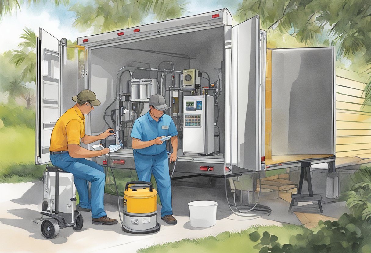 A technician sets up testing equipment indoors while another technician collects outdoor air samples in Fort Myers, FL