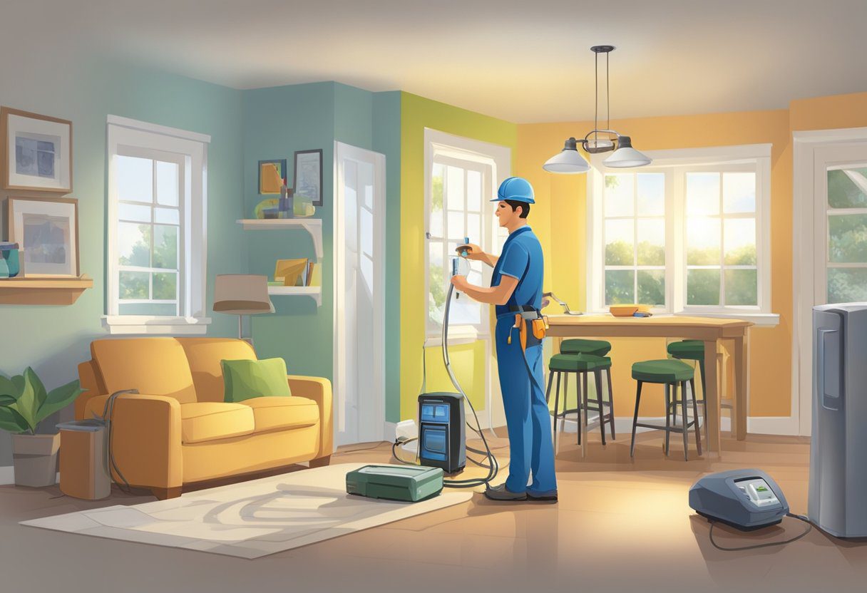 A technician conducts an energy efficiency assessment in a home, using tools to measure and analyze energy usage. The focus is on appliances, insulation, and HVAC systems